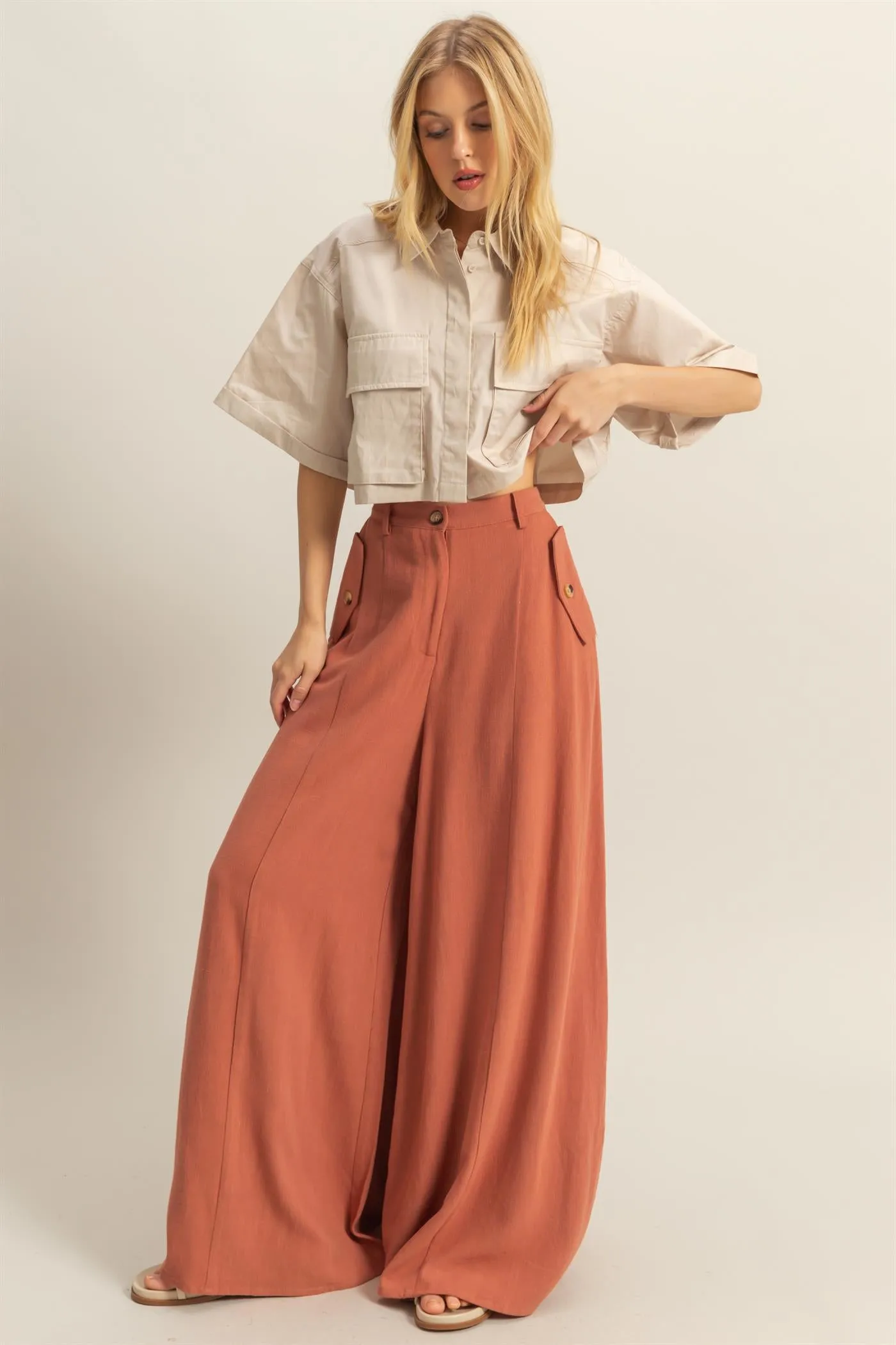 HF25C204-Linen Blended High Waist Flowy Pants