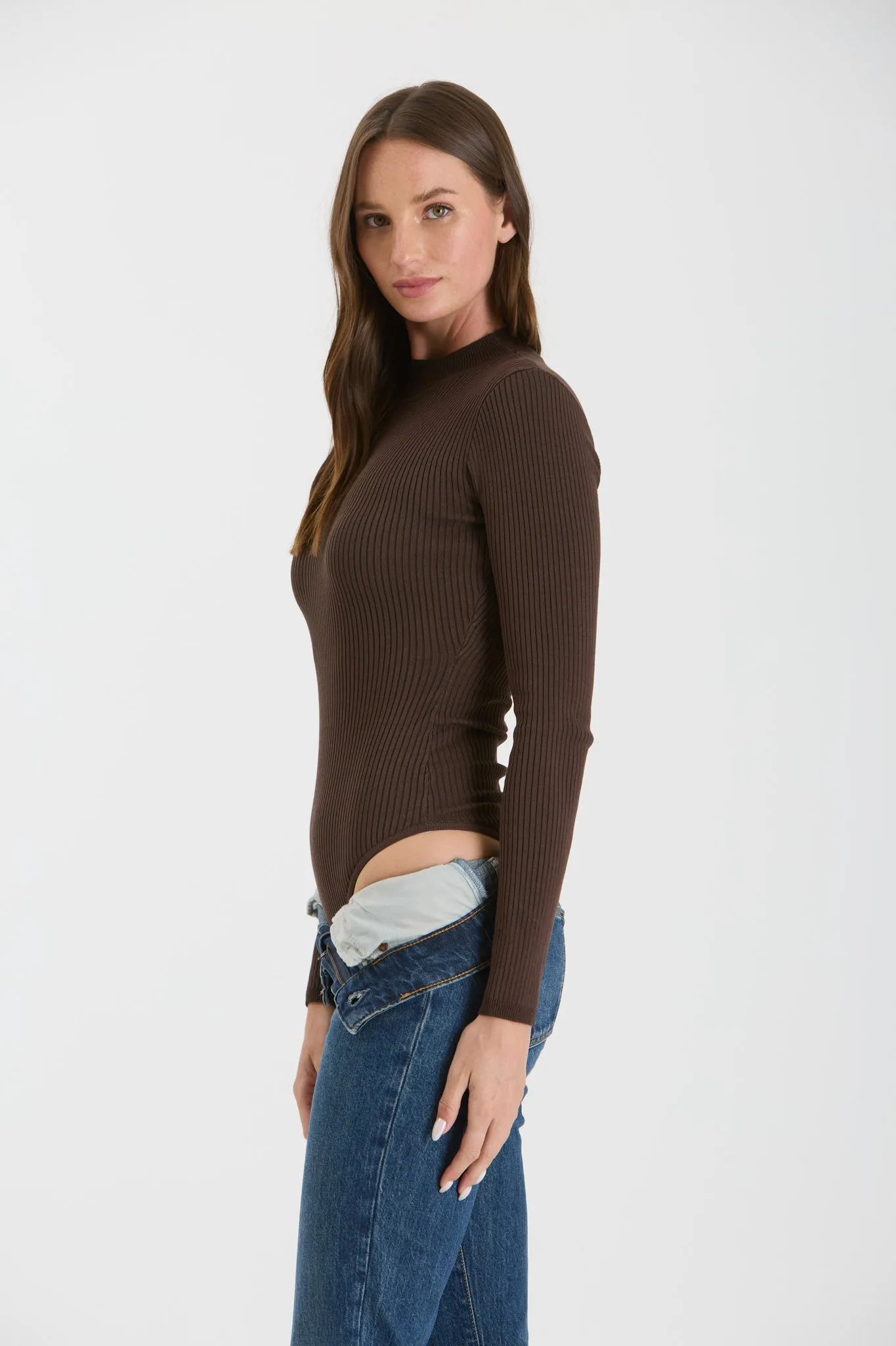 HIGH NECK LONG SLEEVE RIBBED KNIT BODYSUIT