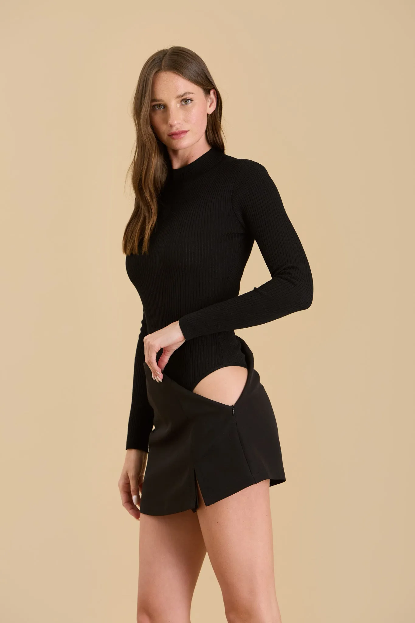 HIGH NECK LONG SLEEVE RIBBED KNIT BODYSUIT