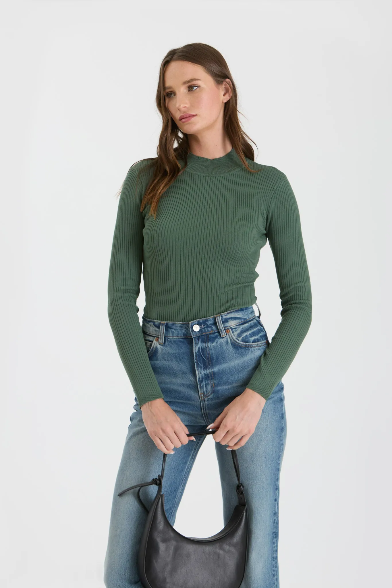 HIGH NECK LONG SLEEVE RIBBED KNIT BODYSUIT