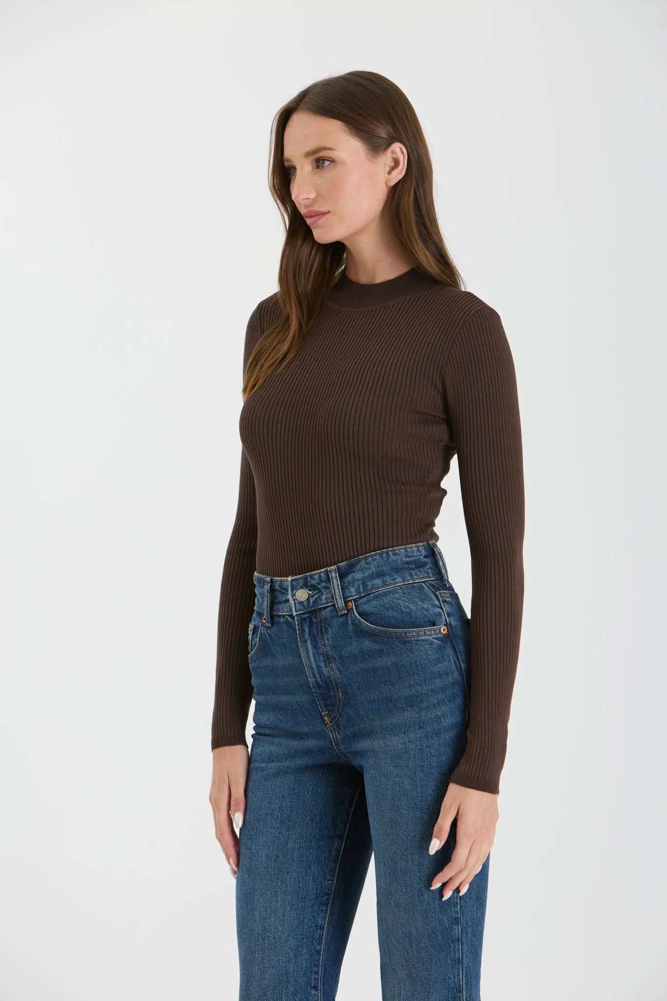 HIGH NECK LONG SLEEVE RIBBED KNIT BODYSUIT