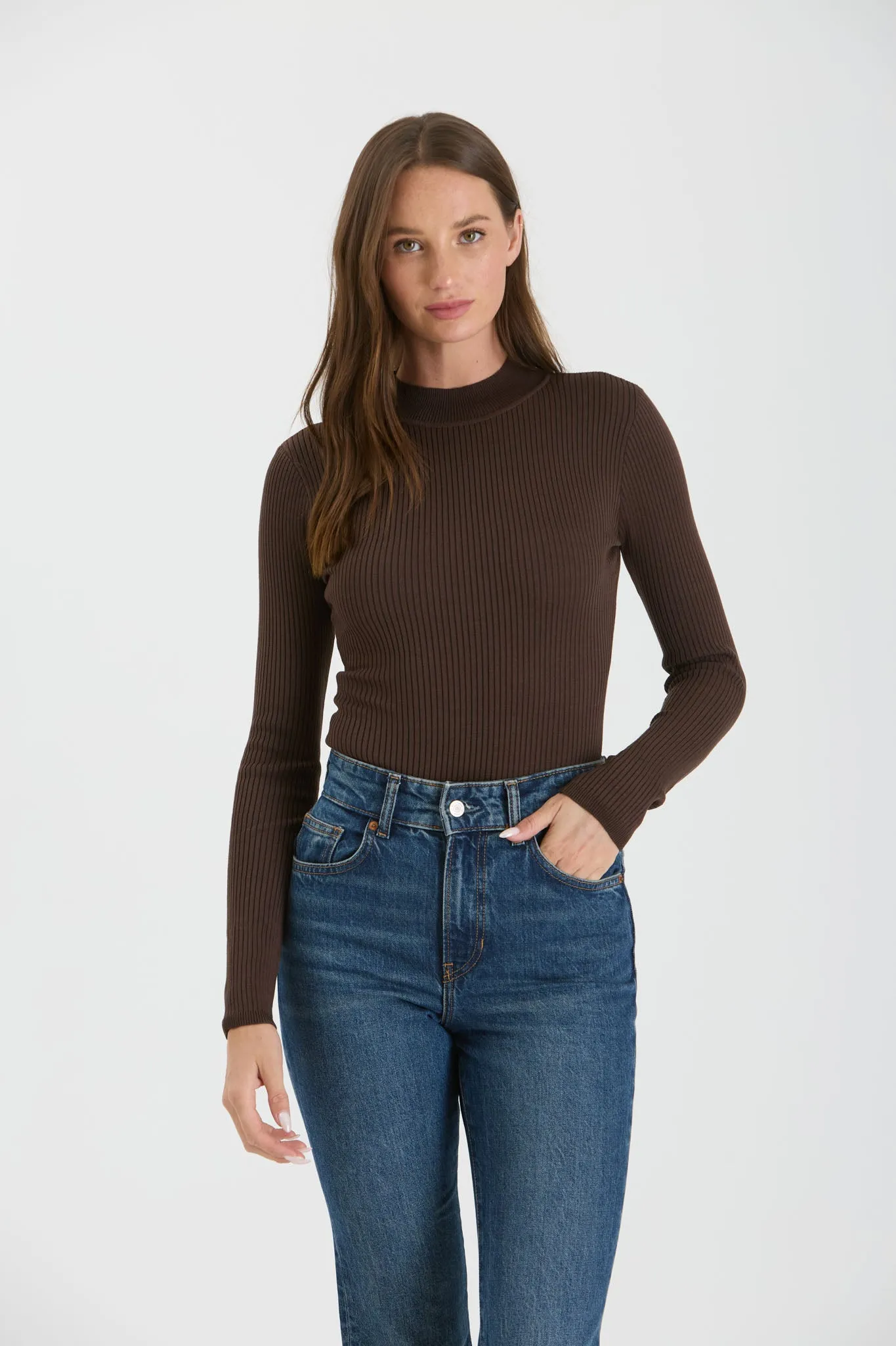 HIGH NECK LONG SLEEVE RIBBED KNIT BODYSUIT