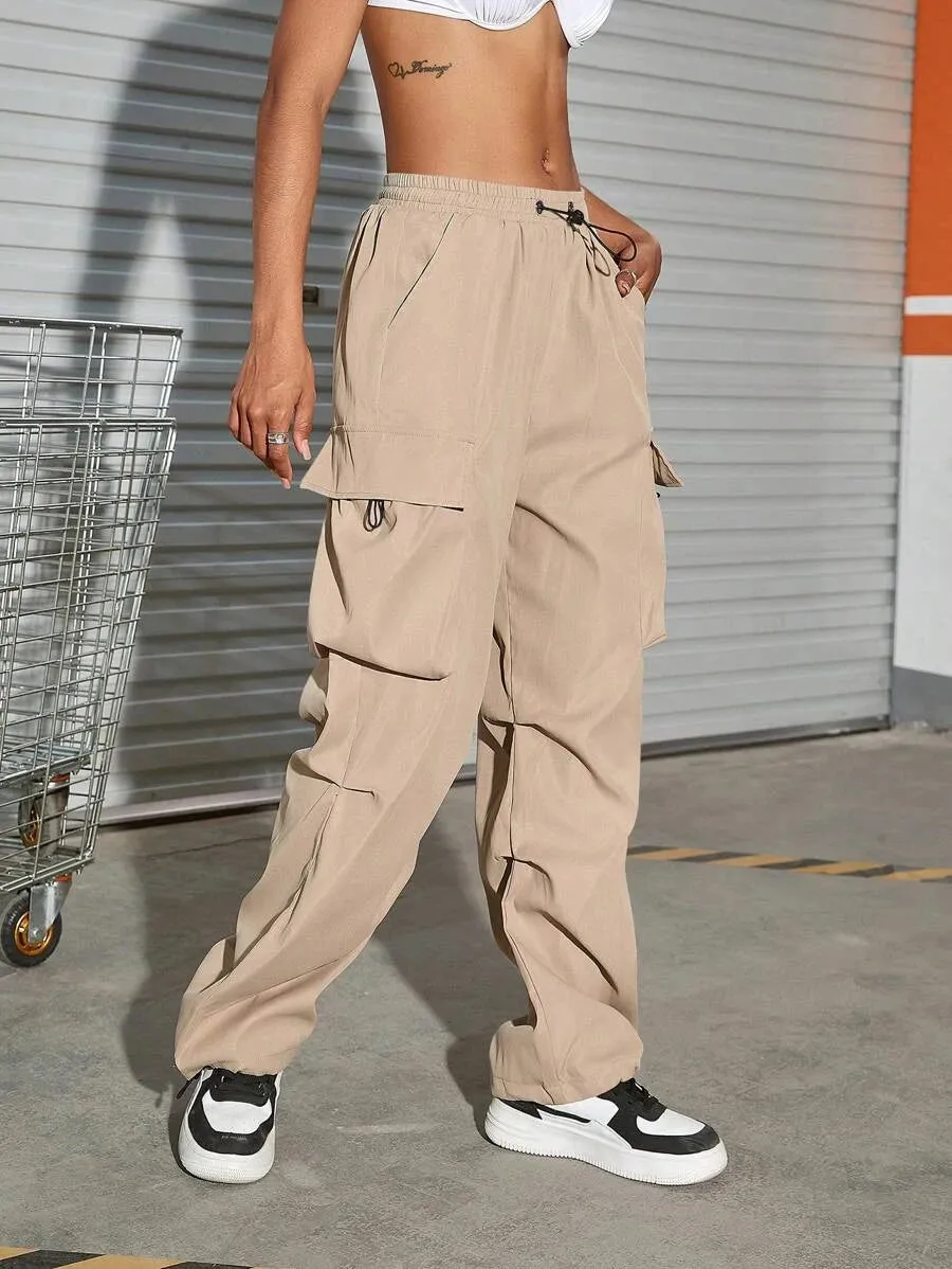 Hip Hop Flap Pocket Drawstring Waist Parachute Cargo Pants