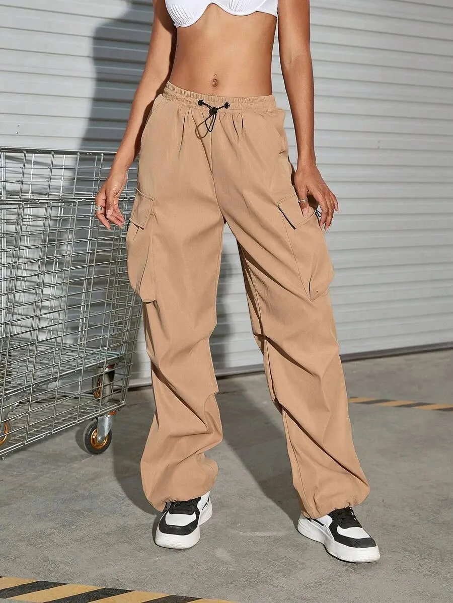 Hip Hop Flap Pocket Drawstring Waist Parachute Cargo Pants