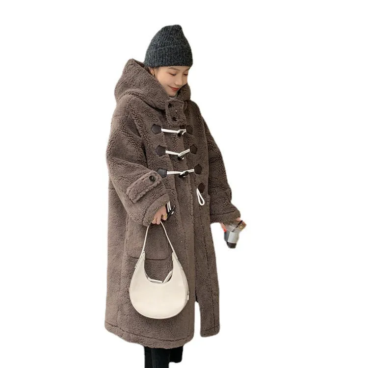 Horn Button Hooded Faux Sherpa Shearling Long Coat