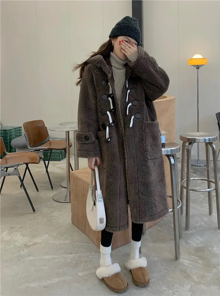 Horn Button Hooded Faux Sherpa Shearling Long Coat