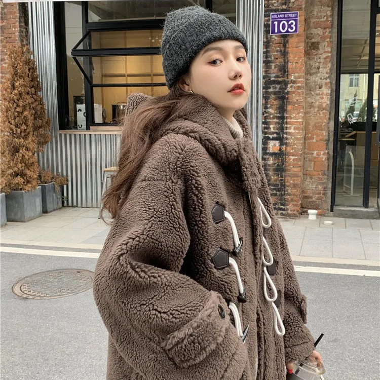 Horn Button Hooded Faux Sherpa Shearling Long Coat