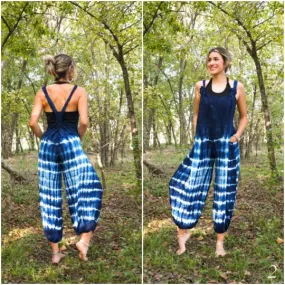 J59- Shibori Blue Tie Dye Hippie Racerback Jumpsuit Romper