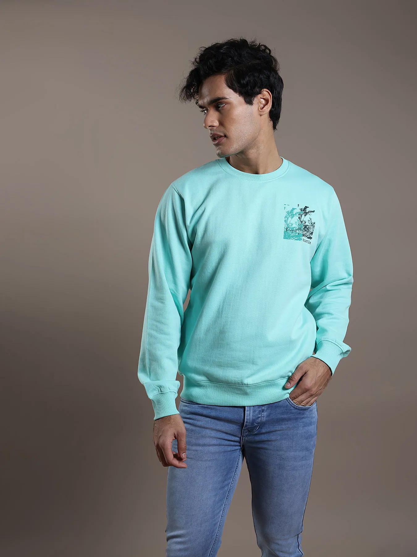 Knitted Turquoise Blue Printed Regular Fit Full Sleeve Casual Sweatshirt