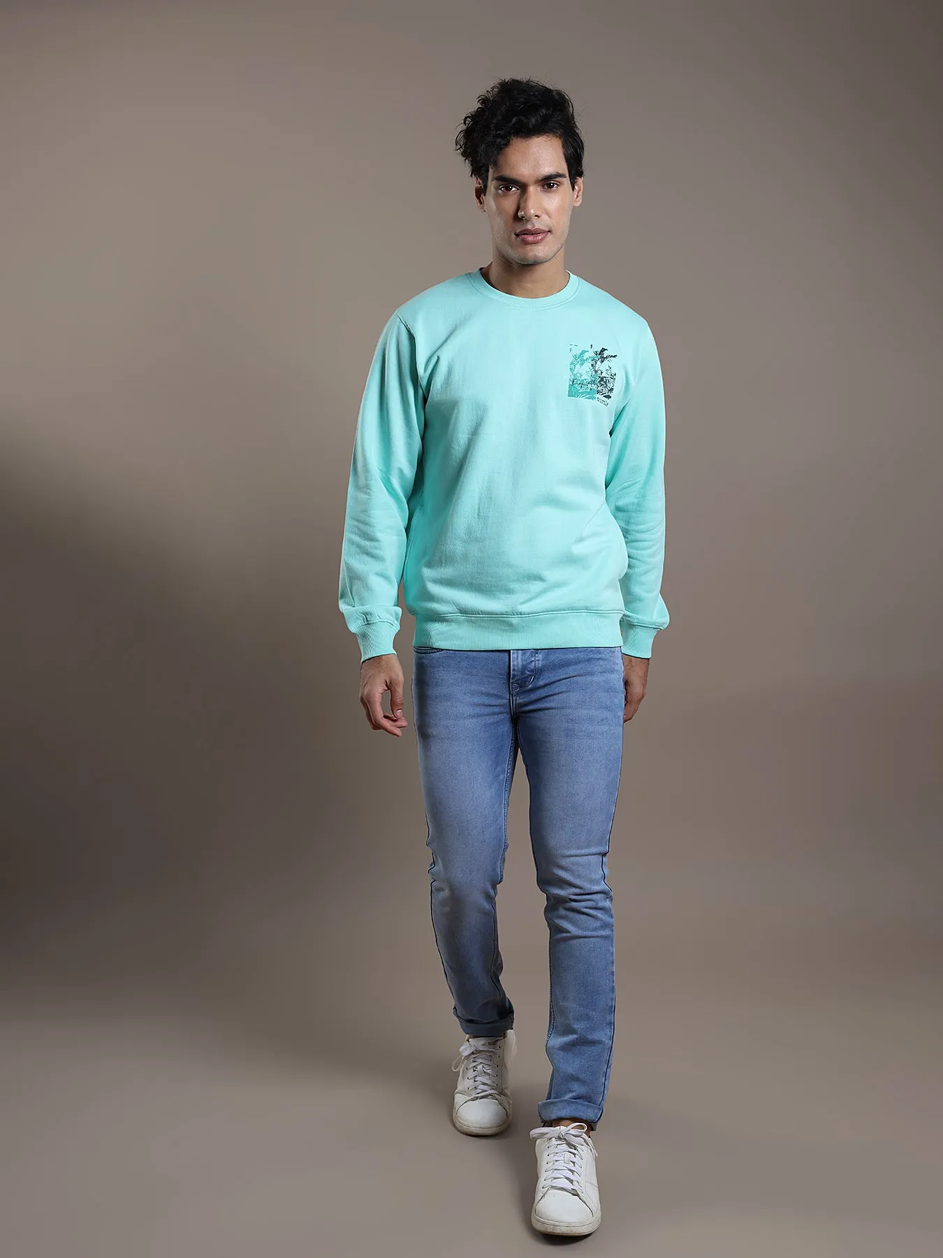 Knitted Turquoise Blue Printed Regular Fit Full Sleeve Casual Sweatshirt