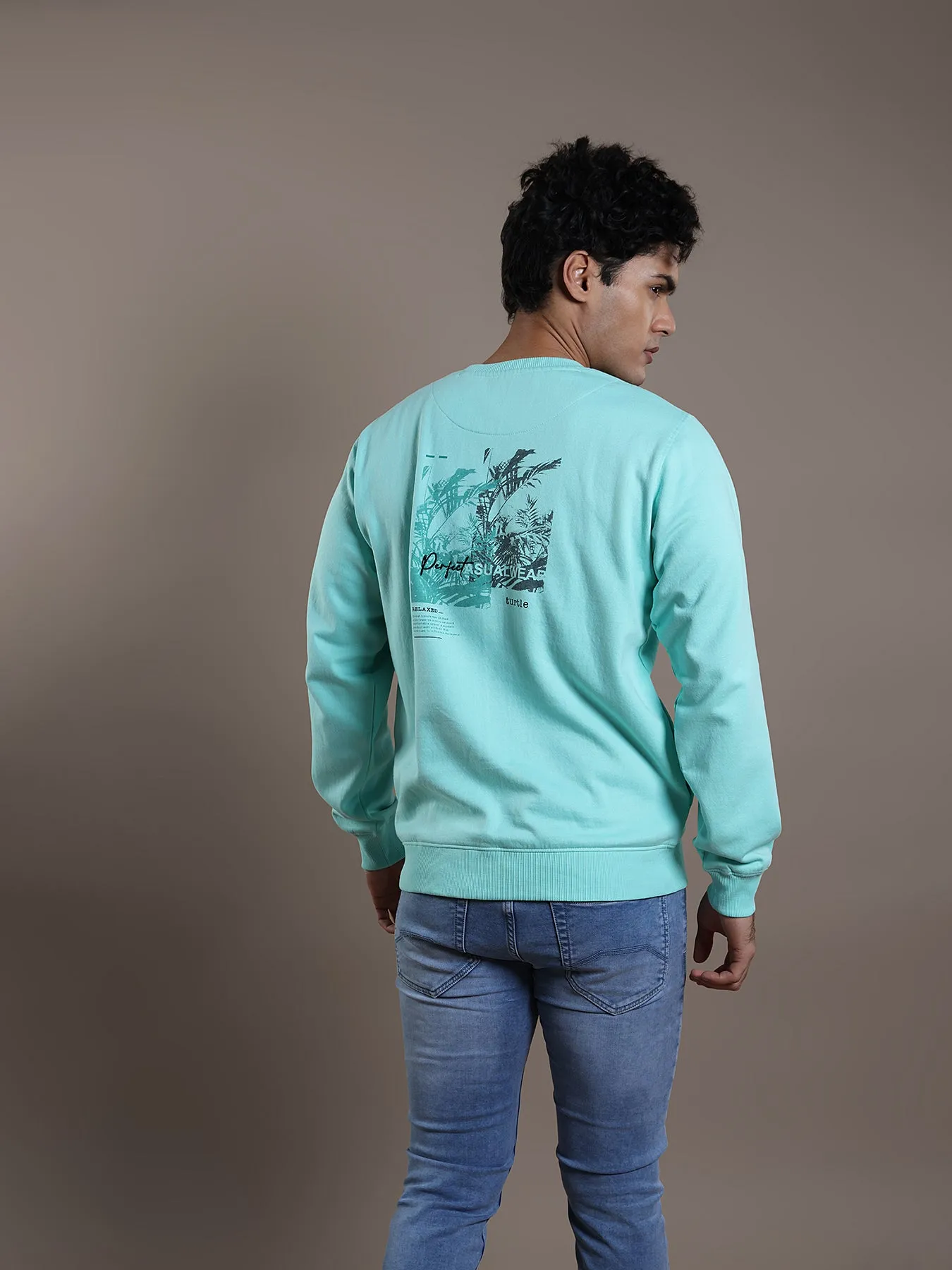 Knitted Turquoise Blue Printed Regular Fit Full Sleeve Casual Sweatshirt