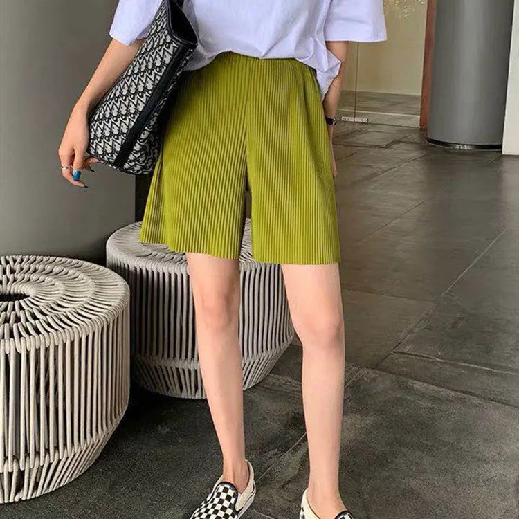 Korean Summer Shorts Women Chiffon Wide Leg Bermuda High Waist Loose Casual Pants Thin Culottes Bermuda Shorts