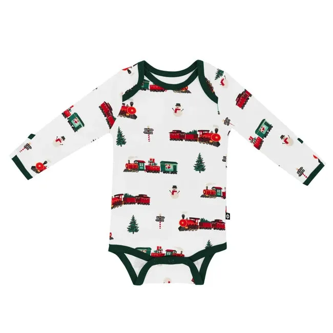 Kyte Baby Printed Long Sleeve Bodysuit in Holiday Train