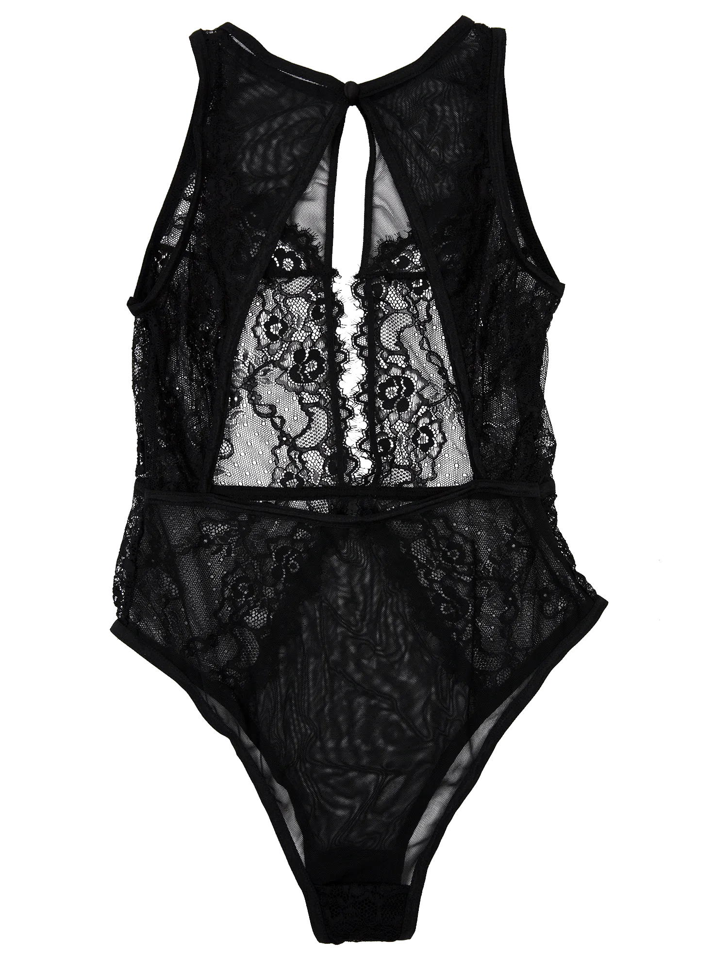 Lace And Mesh Keyhole Body Suit - Black