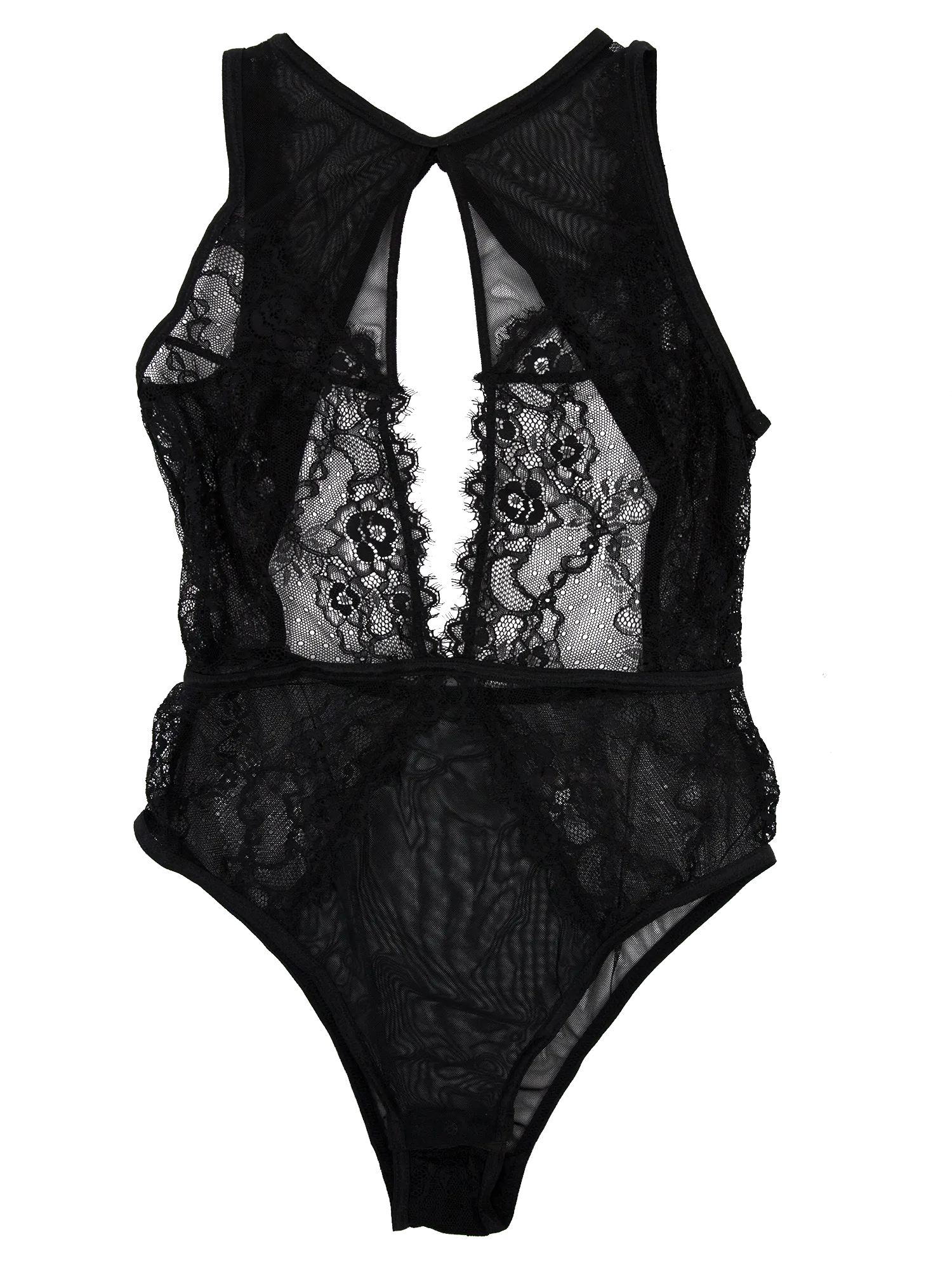 Lace And Mesh Keyhole Body Suit - Black