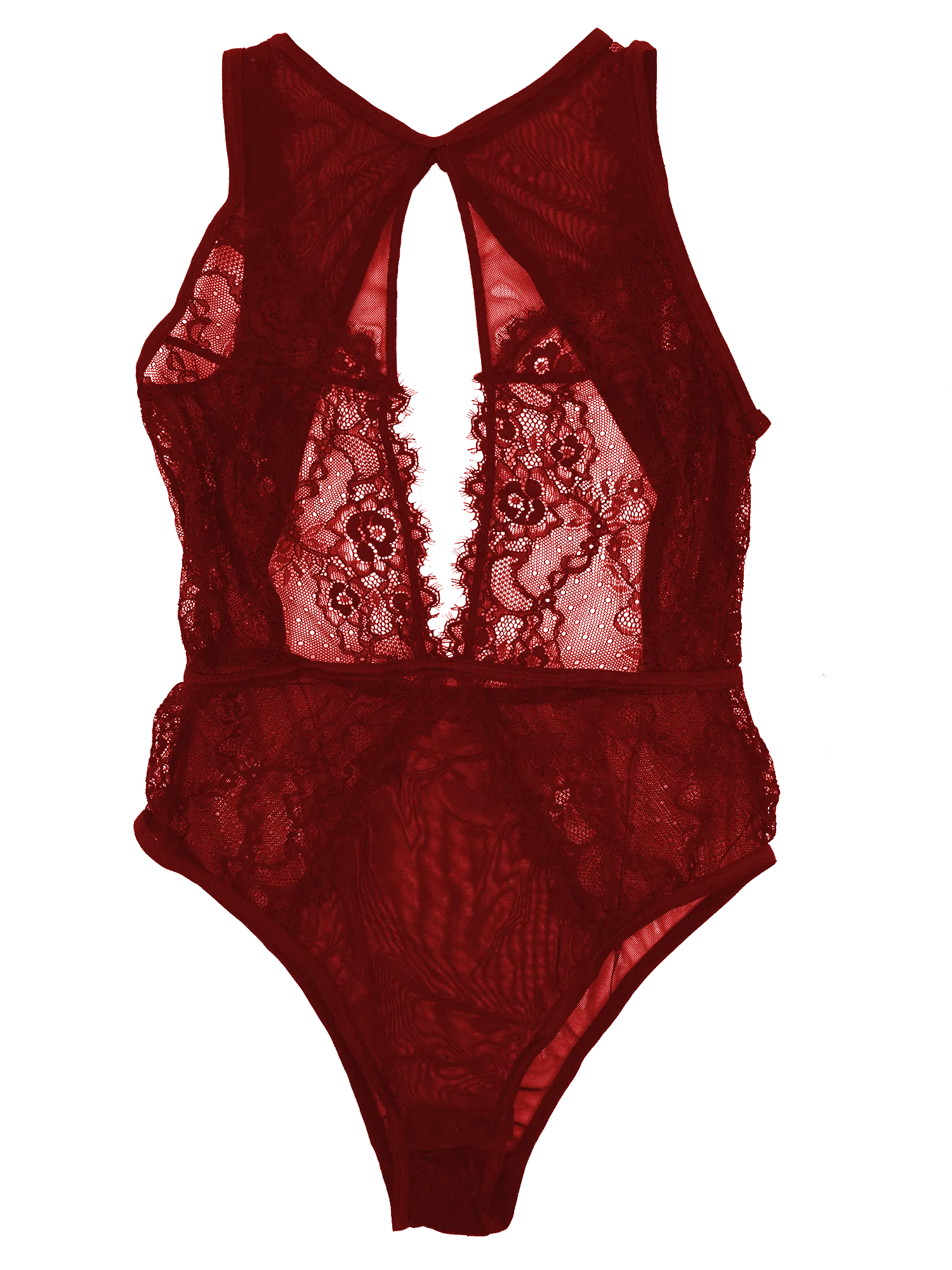 Lace And Mesh Keyhole Body Suit - Red