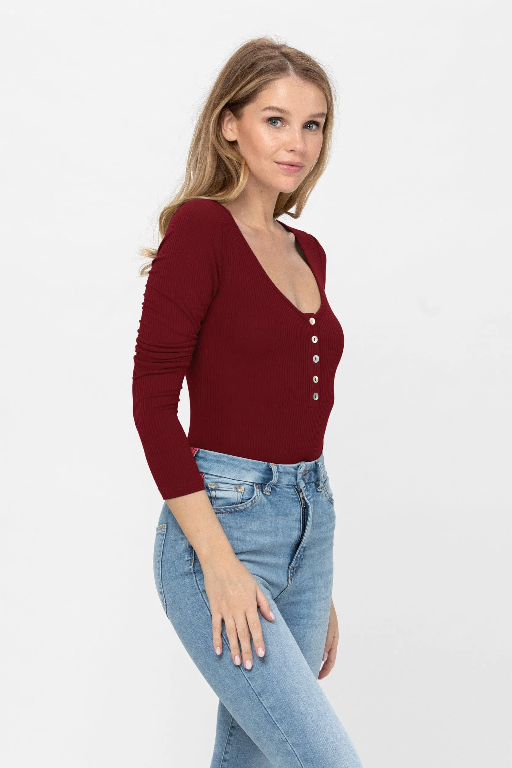 Long Sleeve Sexy Scoop Neck Tank Top Button Down Ribbed Bodysuits