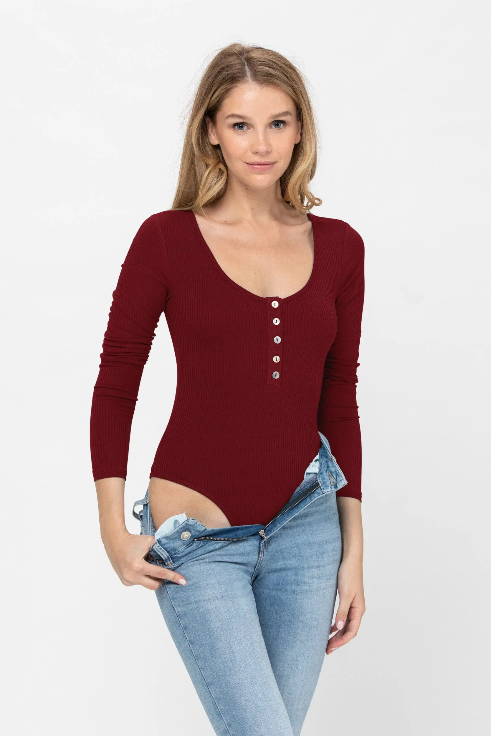 Long Sleeve Sexy Scoop Neck Tank Top Button Down Ribbed Bodysuits