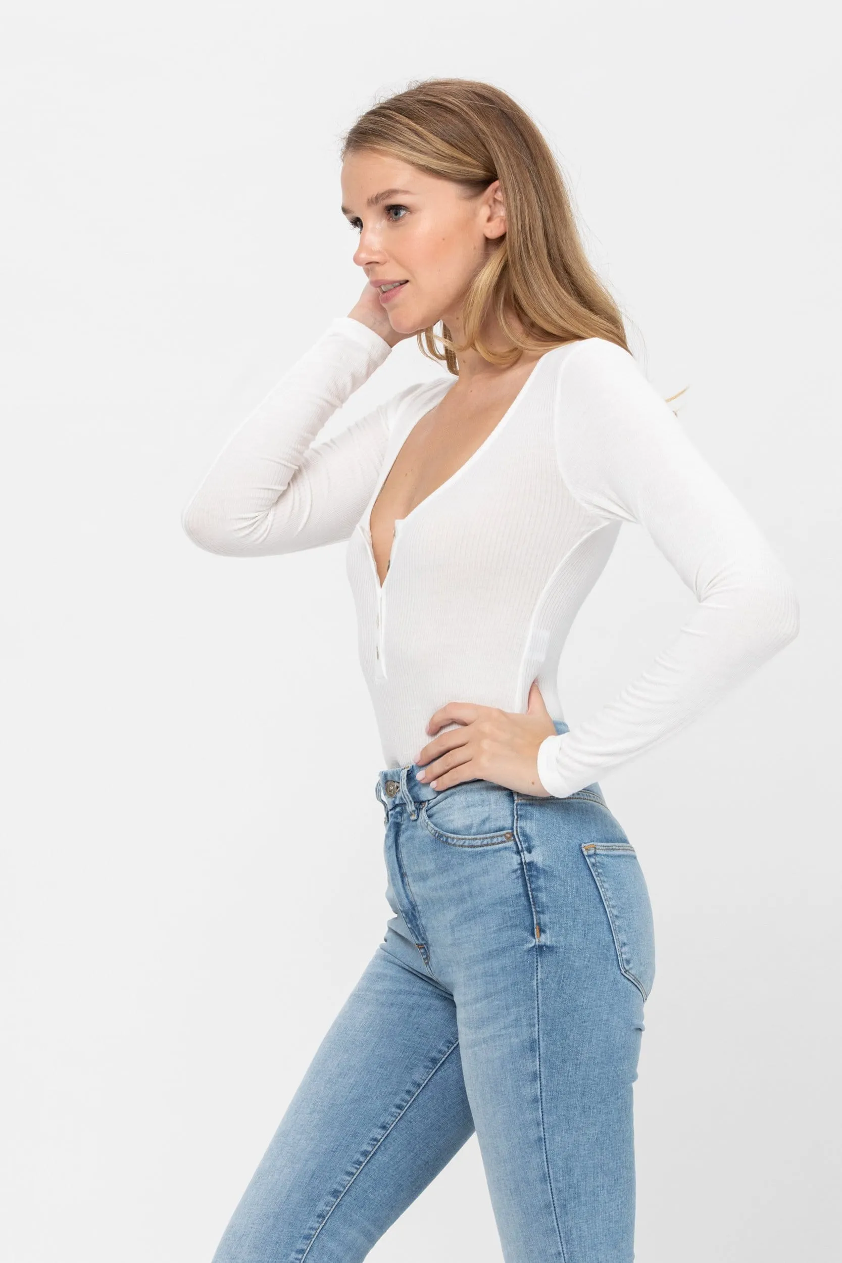 Long Sleeve Sexy Scoop Neck Tank Top Button Down Ribbed Bodysuits