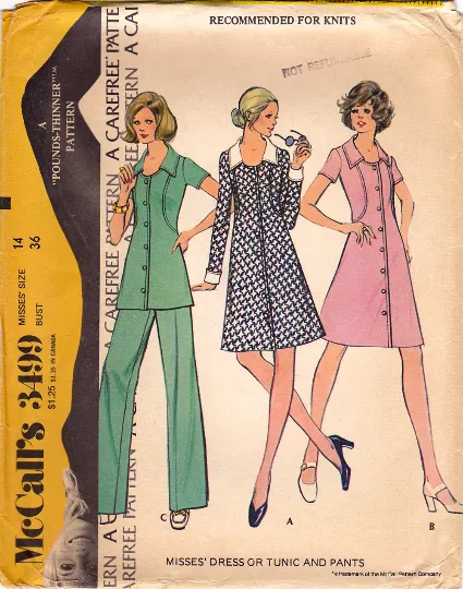 McCalls 3499 Vintage Sewing Pattern - 1970s Dress, Tunic, Pants