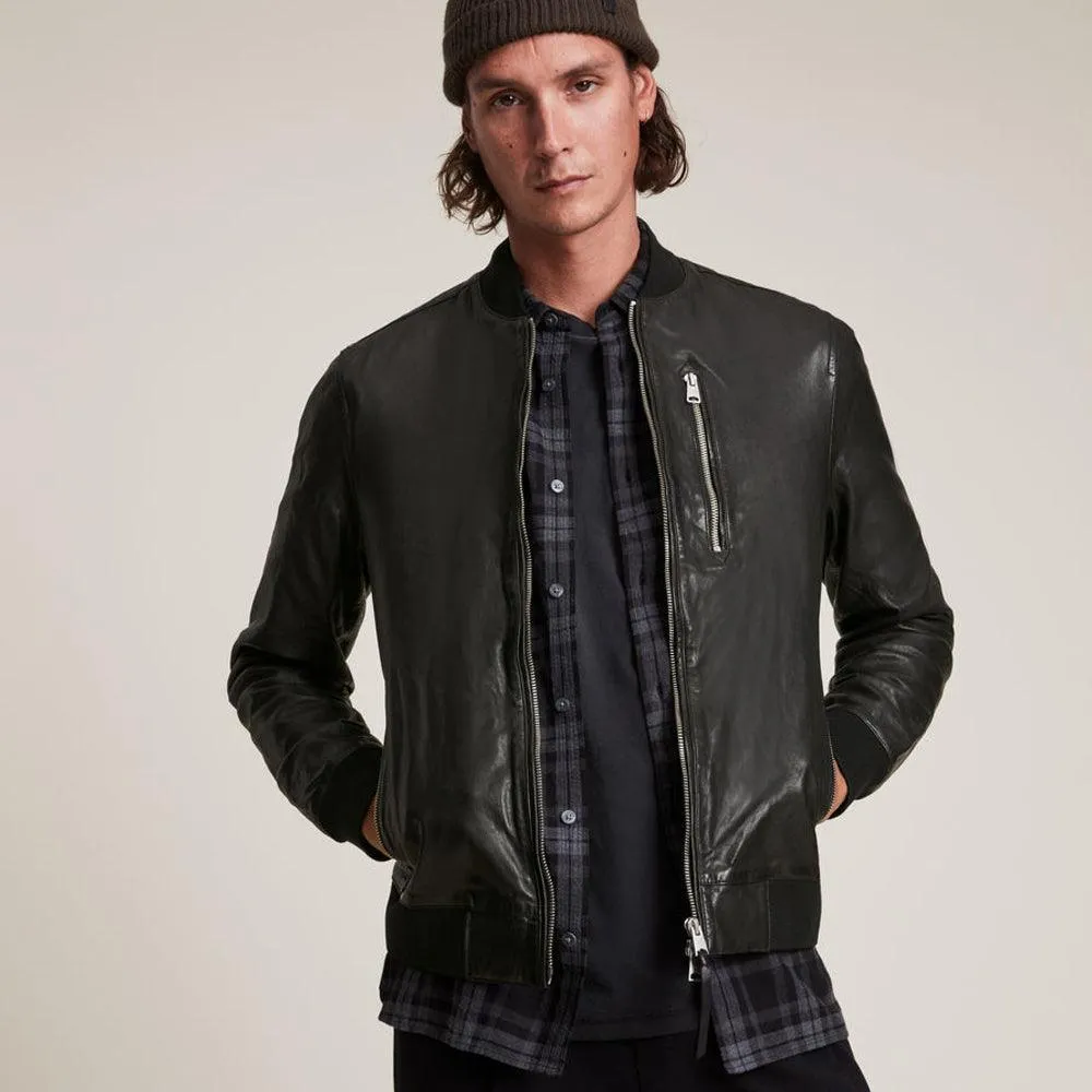 Men's Black Lambskin Leather Bomber Jacket