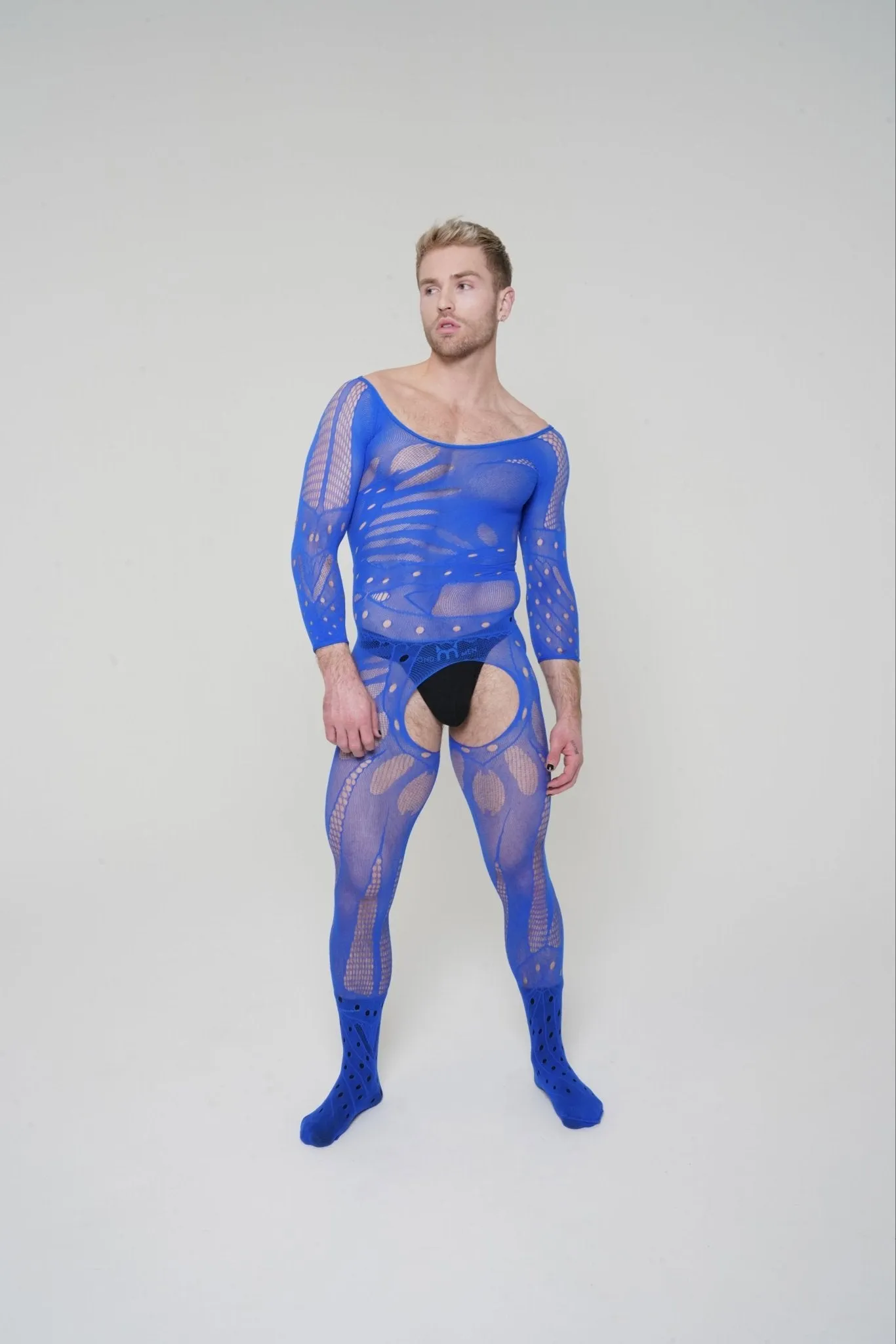 Men's Blue Hollow Mesh Long Sleeve Bodysuit Sexy Lingerie