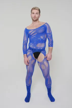 Men's Blue Hollow Mesh Long Sleeve Bodysuit Sexy Lingerie