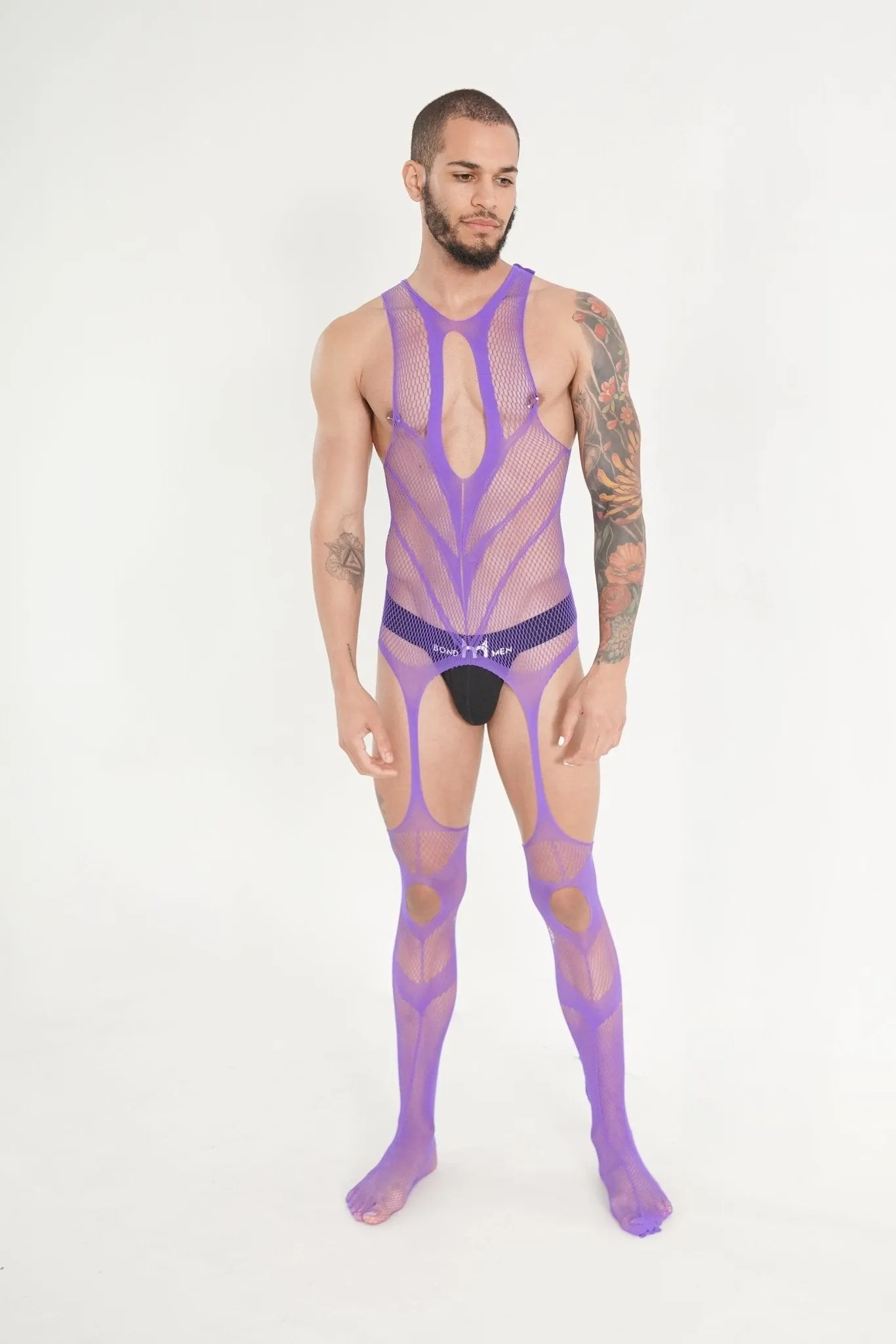 Men's Blue V Fishnet Mesh Sleeveless See-through Bodysuit Sexy Lingerie