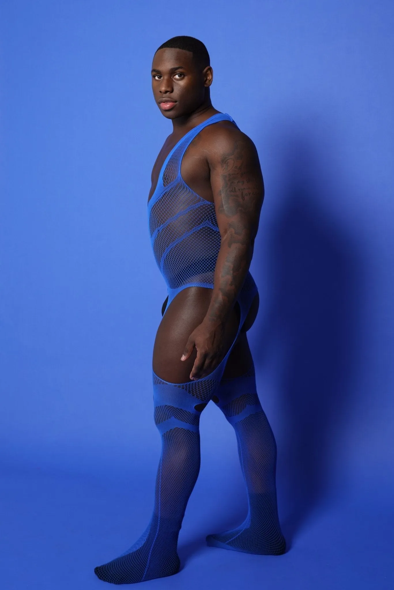 Men's Blue V Fishnet Mesh Sleeveless See-through Bodysuit Sexy Lingerie