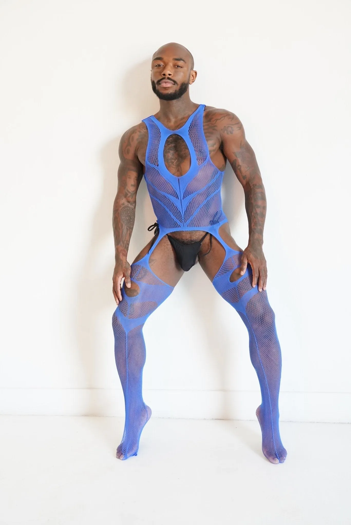 Men's Blue V Fishnet Mesh Sleeveless See-through Bodysuit Sexy Lingerie