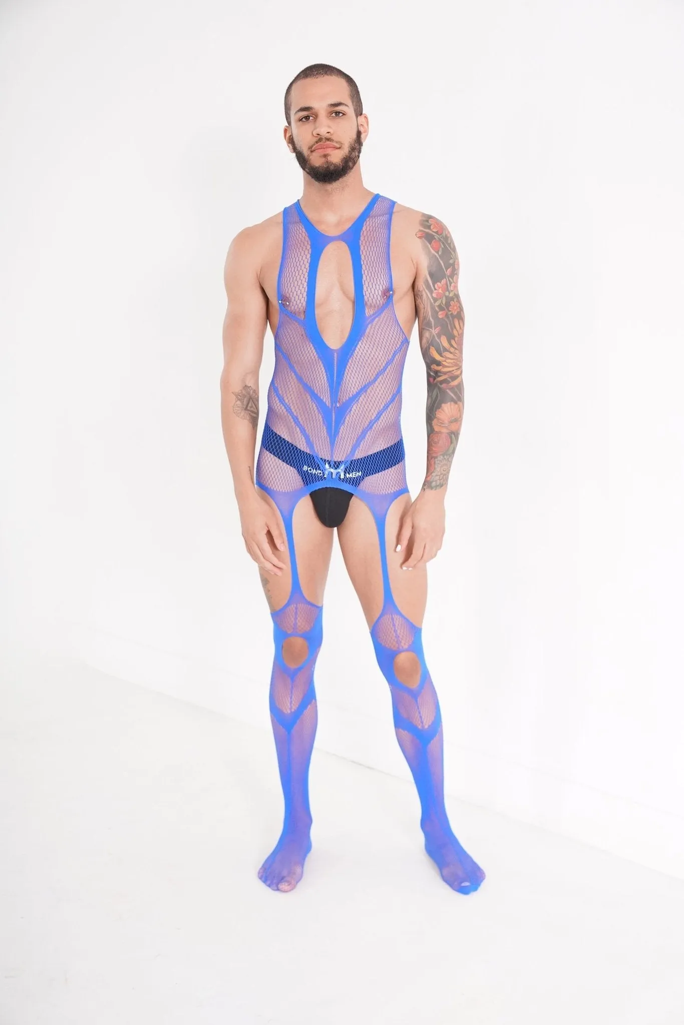 Men's Blue V Fishnet Mesh Sleeveless See-through Bodysuit Sexy Lingerie