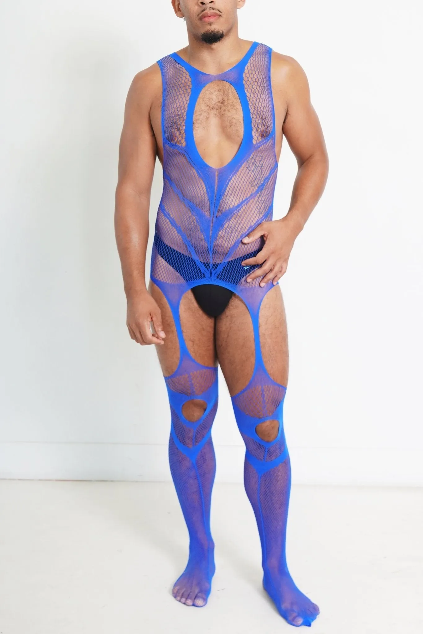 Men's Blue V Fishnet Mesh Sleeveless See-through Bodysuit Sexy Lingerie