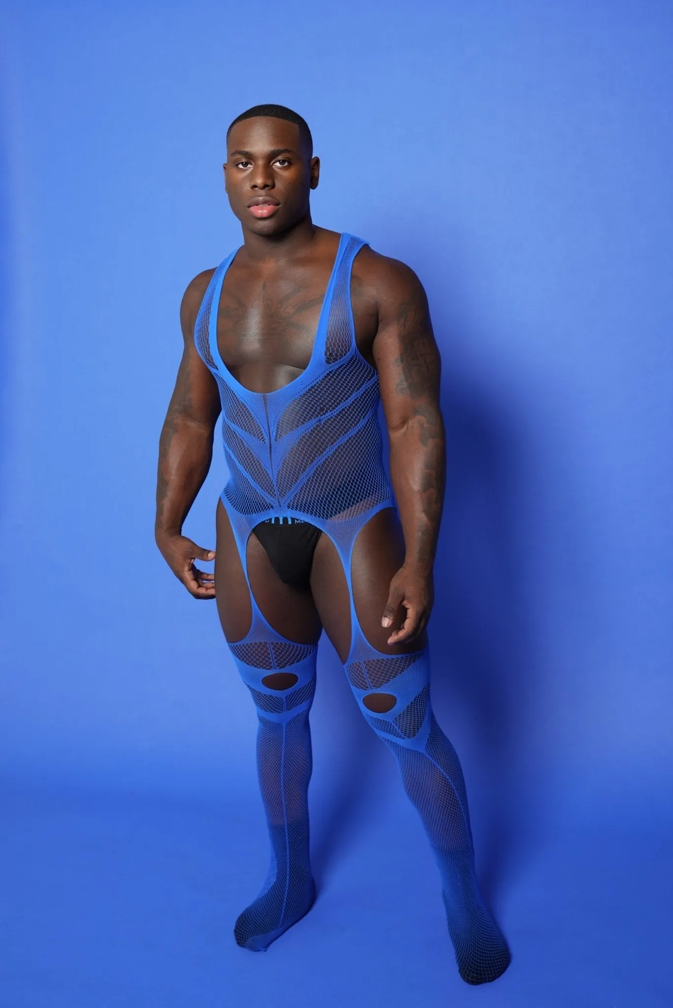 Men's Blue V Fishnet Mesh Sleeveless See-through Bodysuit Sexy Lingerie