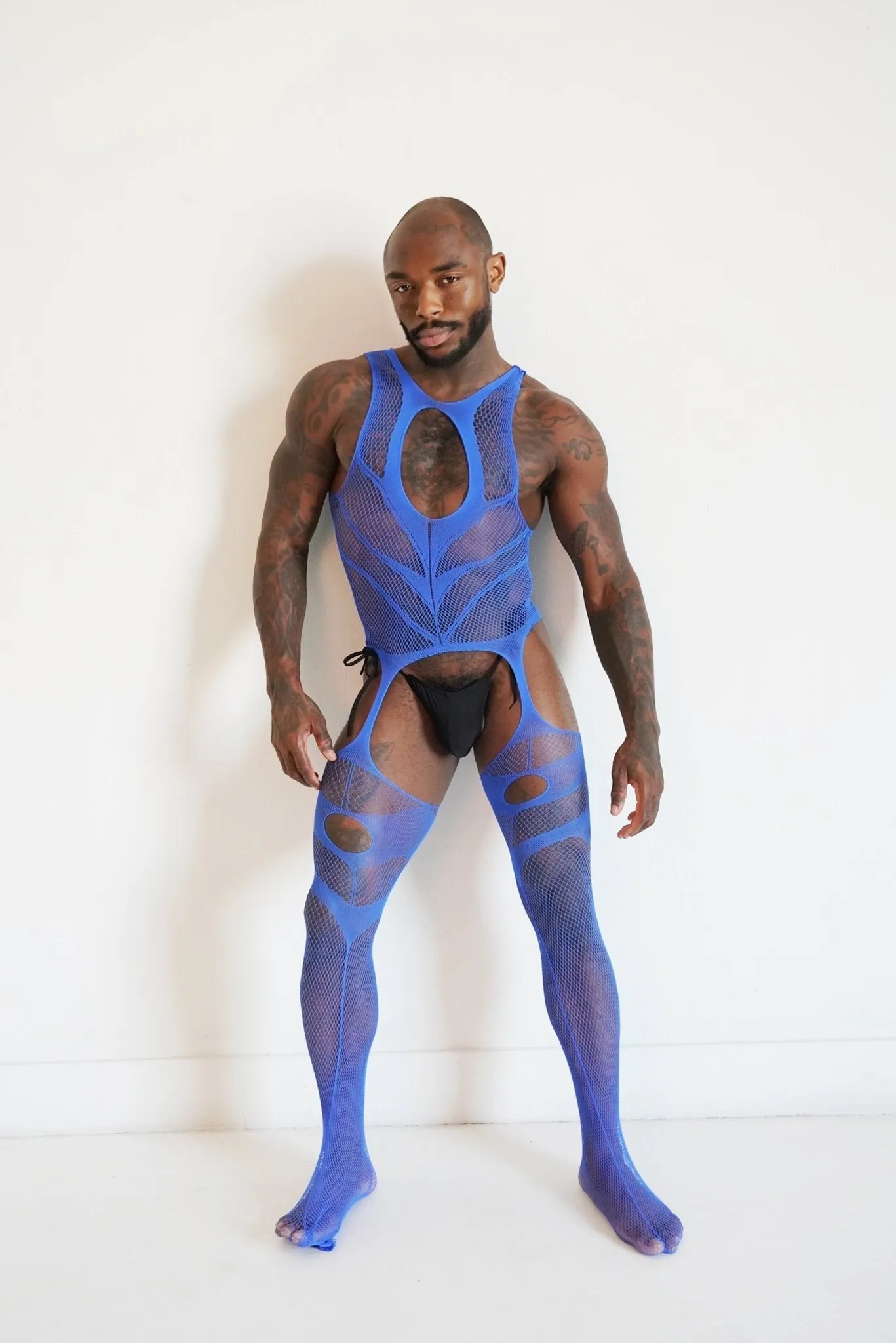 Men's Blue V Fishnet Mesh Sleeveless See-through Bodysuit Sexy Lingerie