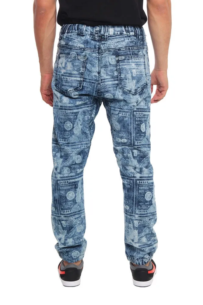 Men's Money Print Denim Jogger Pants