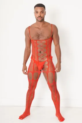 Men's Red Mesh Fishnet Bodysuit Sexy Lingerie