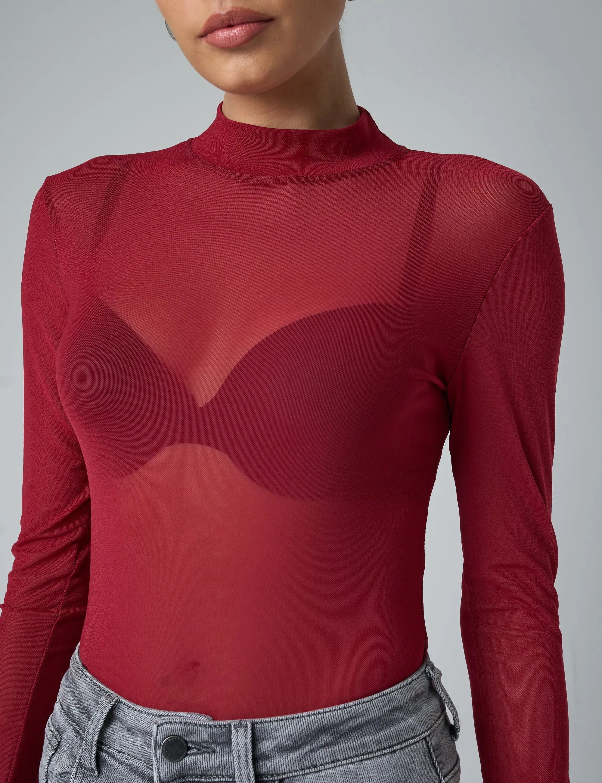 Mesh Long Sleeve Bodysuit Burgundy