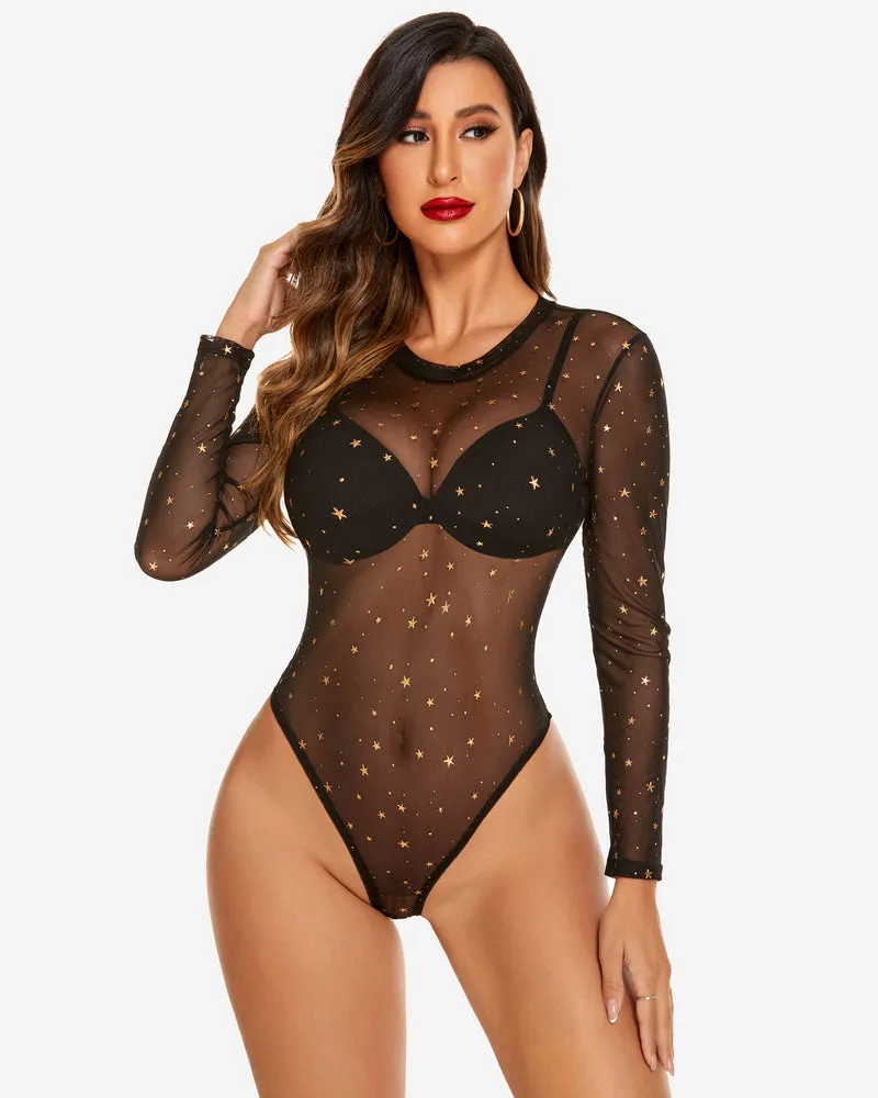 Mesh Snap Crotch Sheer Bodysuit