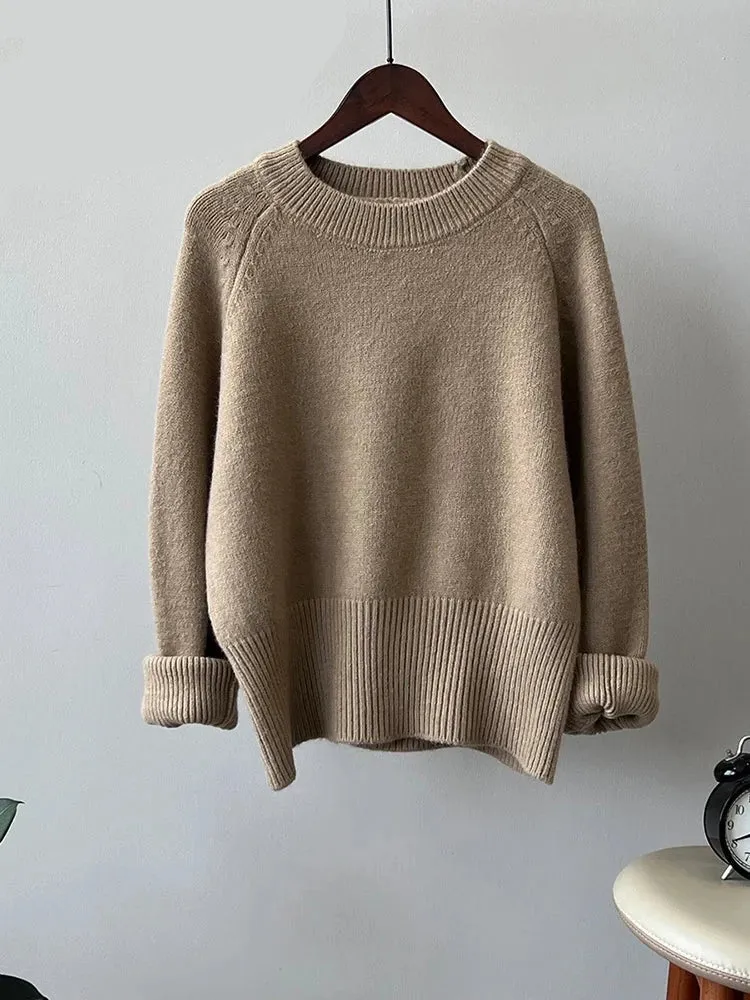 Metaversmall Autumn Winter Women Knitted Sweater Pullovers Female Jumper Warm Beige Light Coffee O-neck Basic Sweaters Tops 7 Colors