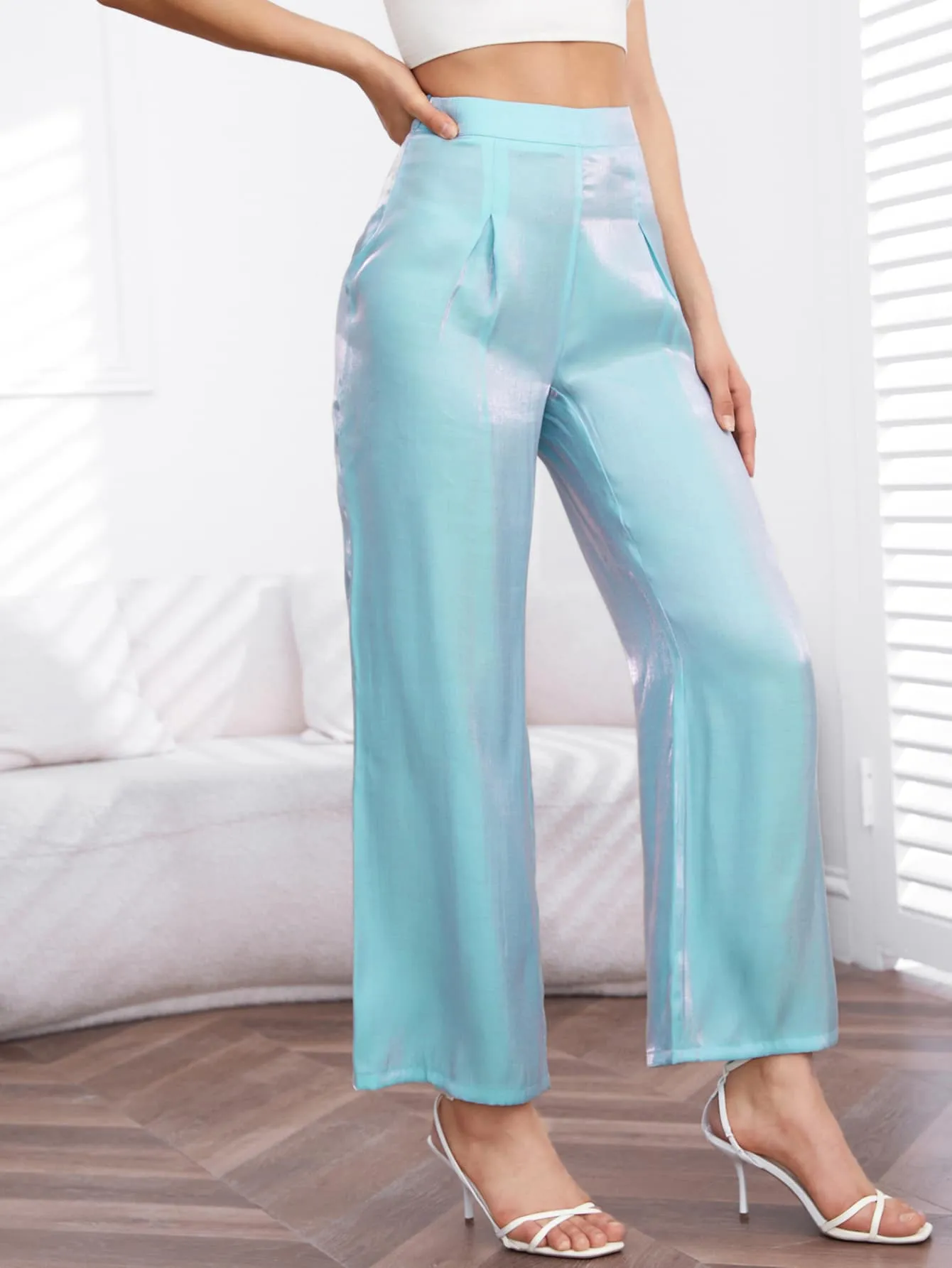 Mint Blue Fold Pleated Hologram Wide Leg High Waist Pants