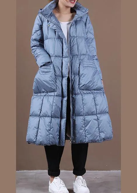 New blue down coat winter casual down jacket hooded zippered Casual outwear