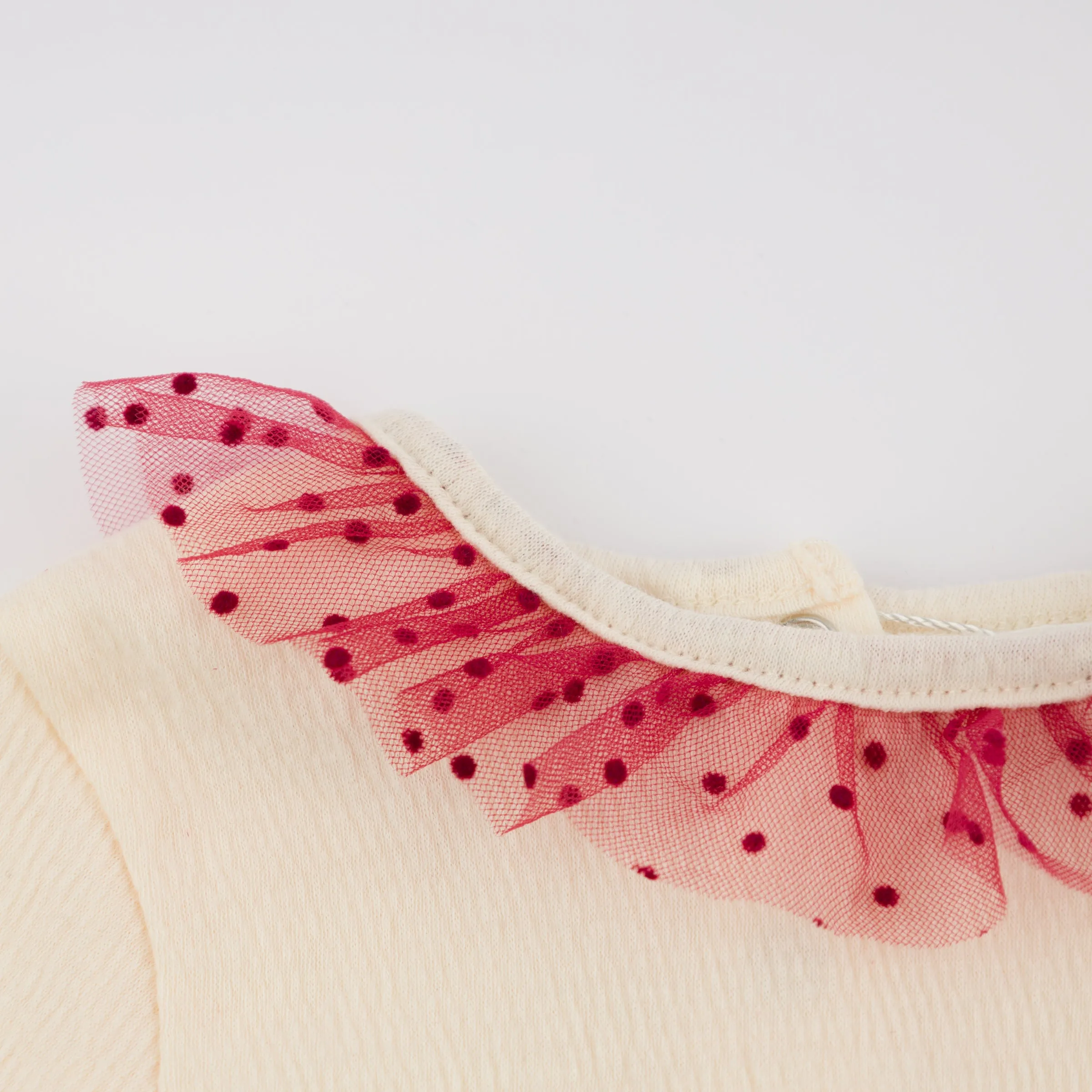 oh baby! Mini Velvet Dots Mesh Collar Puckered Onesie - Vintage Berry - Cream