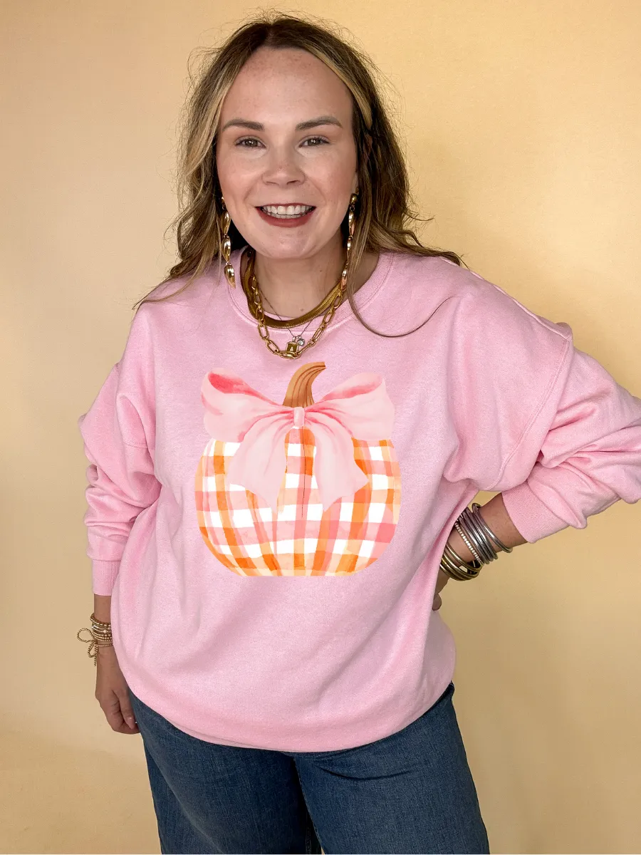 Online Exclusive | Charming Orange and White Plaid Pumpkin with Pink Bow Graphic Sweatshirt in Multiple Color Options