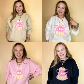 Online Exclusive | Chic Orange and Pink Pile of Pumpkins with Giant Pink Bow Graphic Sweatshirt in Multiple Colors