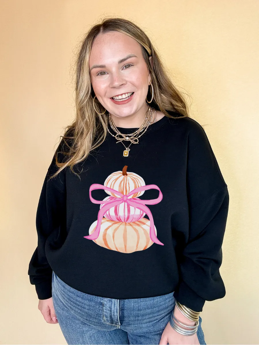 Online Exclusive | Chic Orange and Pink Pile of Pumpkins with Giant Pink Bow Graphic Sweatshirt in Multiple Colors