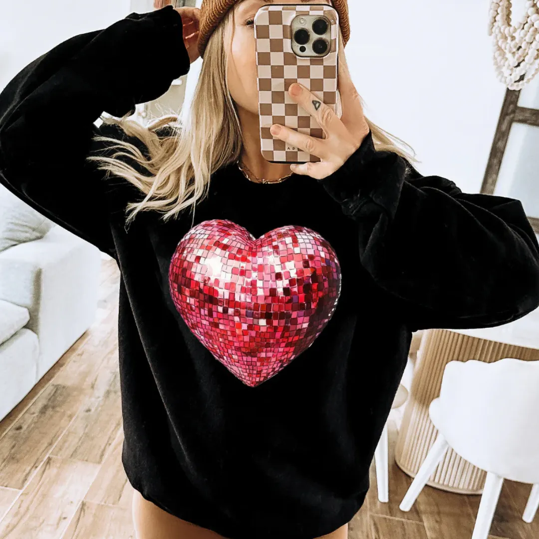 Online Exclusive | Red Disco Ball Heart Graphic Sweatshirt in Black