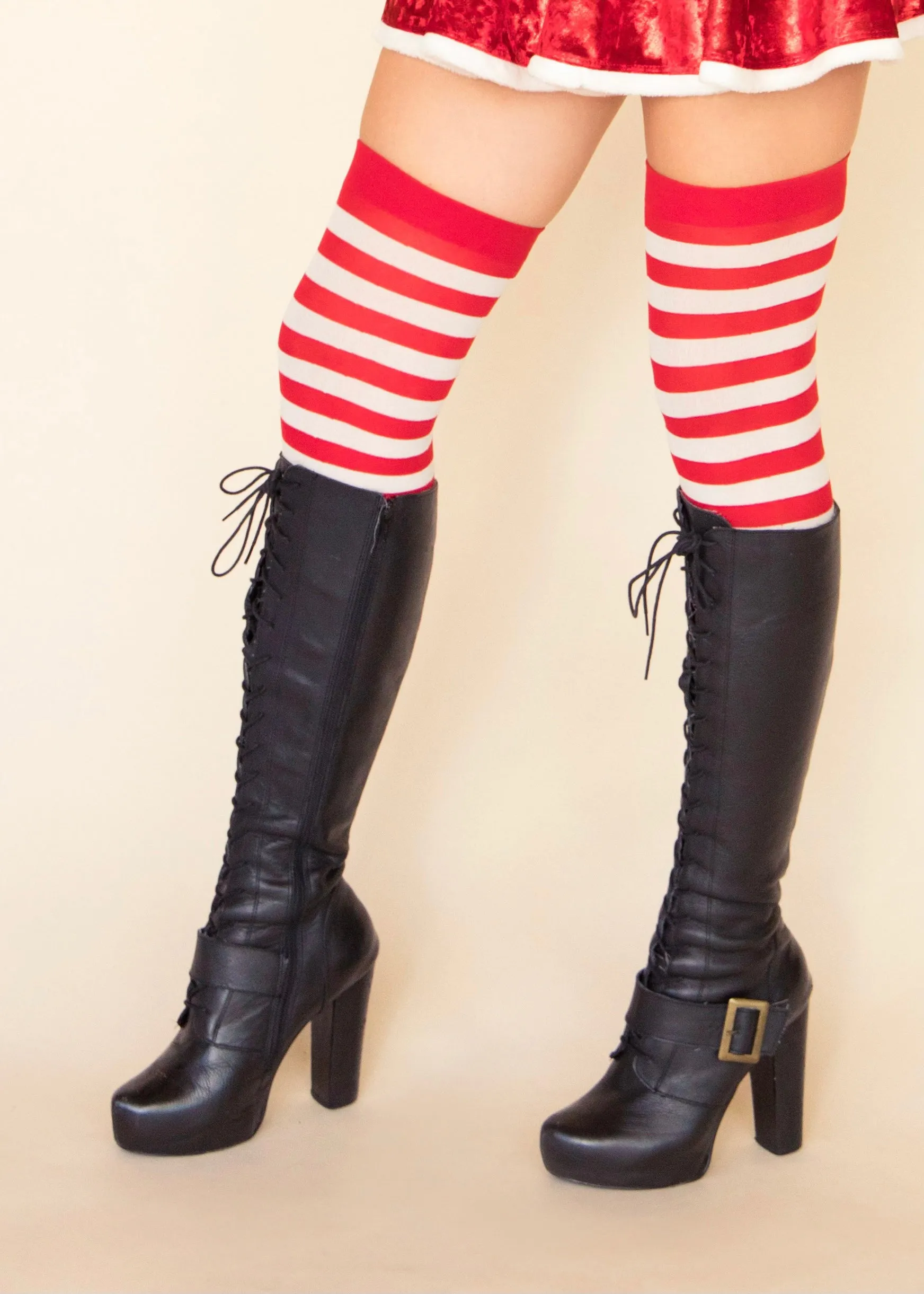 Opaque Stripe Thigh High Stockings in Red and White