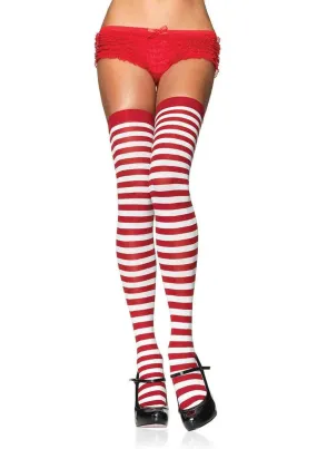 Opaque Stripe Thigh High Stockings in Red and White