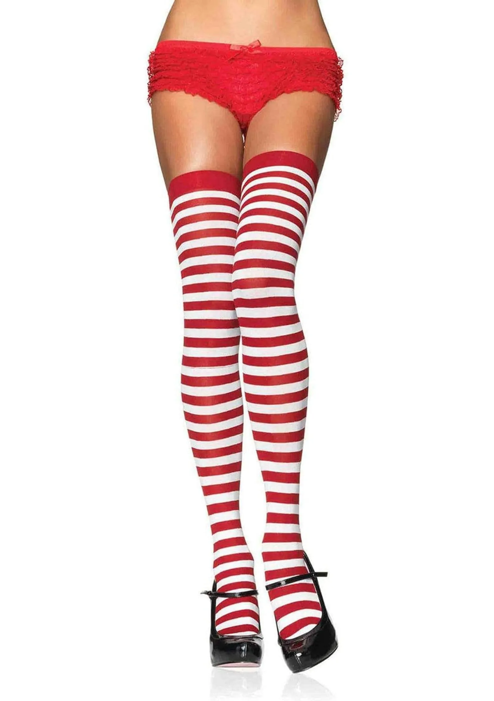 Opaque Stripe Thigh High Stockings in Red and White