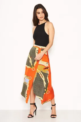 Orange Chain Printed Midi Skirt